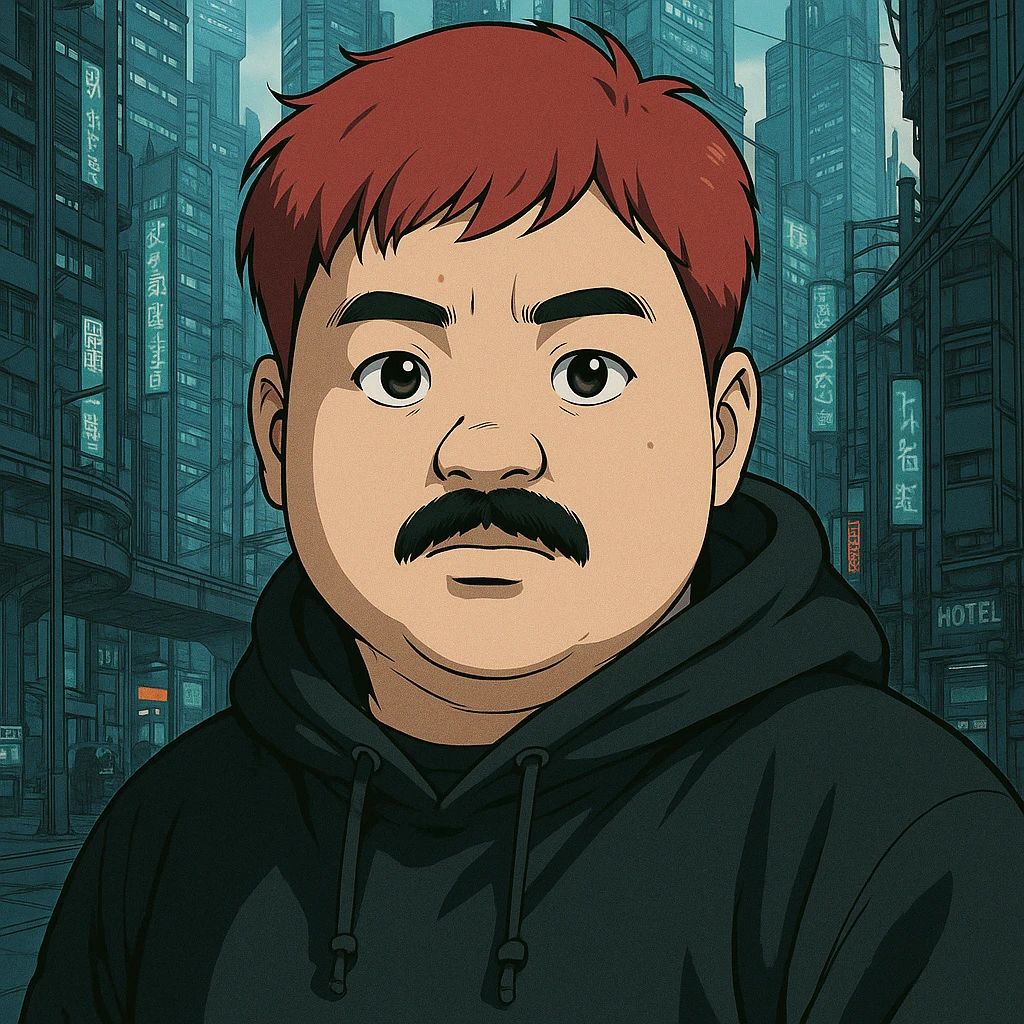 Asian man with a round face, black mustache, red hair, black hoodie, Ghost in the Shell-inspired anime style, large expressive eyes, futuristic city background, high detail emoji