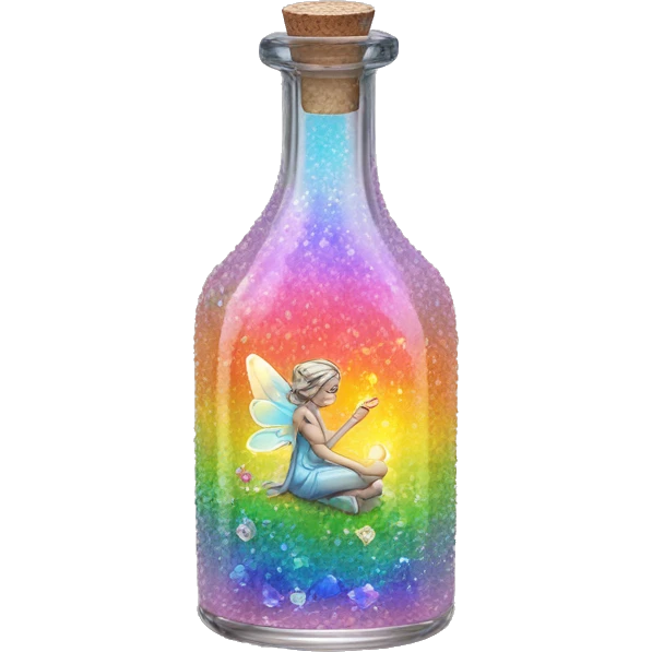 Antique oil bottle made of crystal glass of all delicate colors of the light rainbow, a living flower fairy sits at the bottom of the bottle emoji