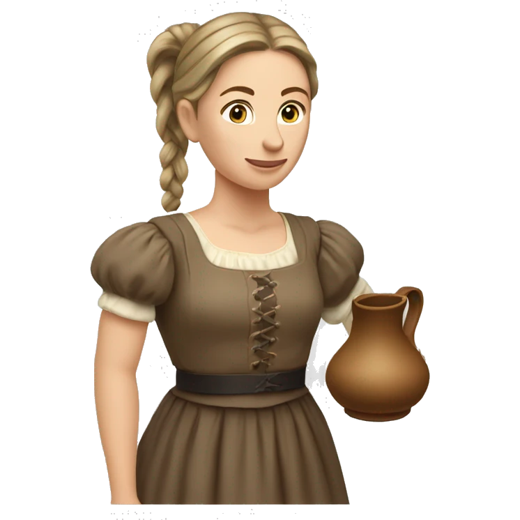 caucasian woman with brown pony tail wearing historic dress holding a pitcher in her hand emoji