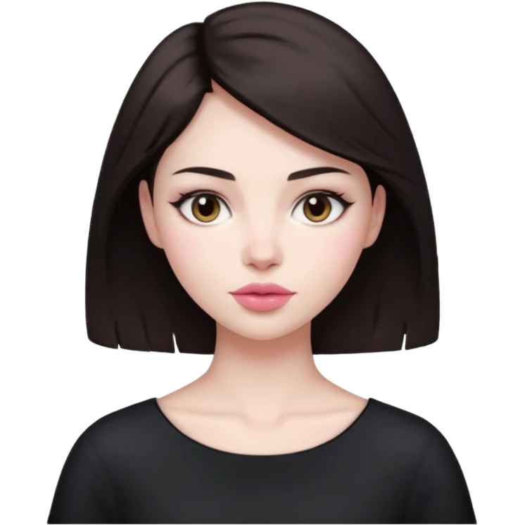 my hair is dark brown almost black, reaching my shoulder. the haircut is wolfcut, pretty lasher hut not thick. slightly pink lips. emoji