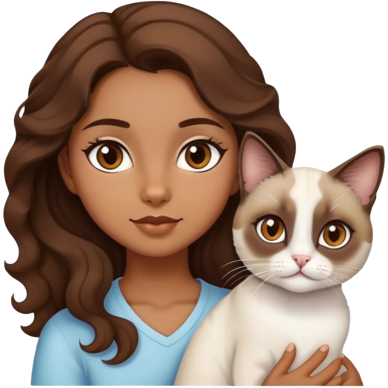 brown girl, brown eyes, wavy hair and siamese cat and white cat emoji