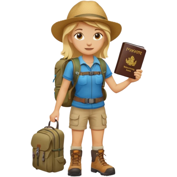 blonde haired Traveler character with passport, backpacker,  emoji