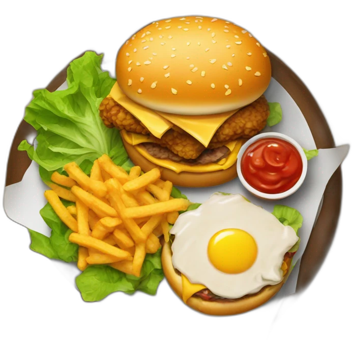 Hamburger with fried chicken, sauce, salad, and cheese emoji