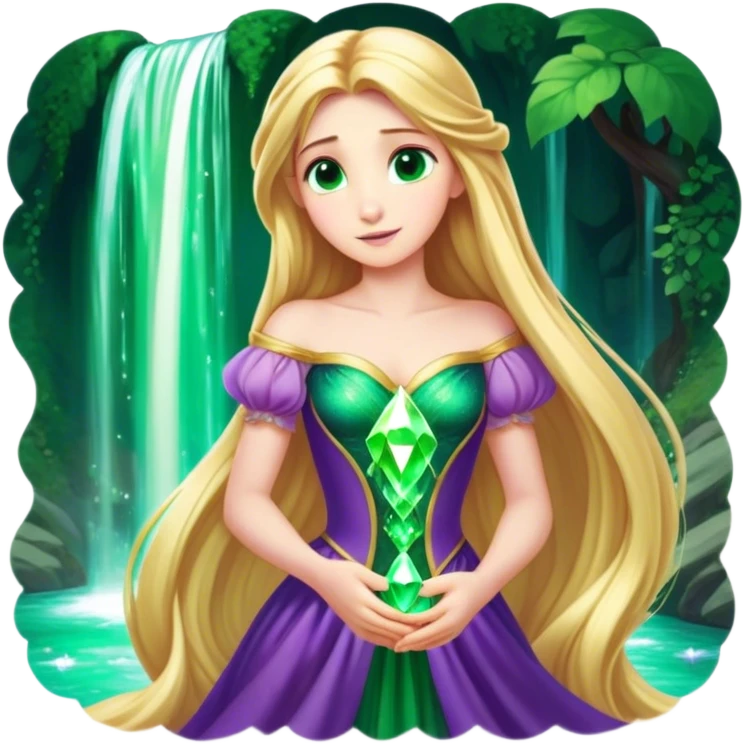 Cinematic Stunning Rapunzel Portrait Emoji, Golden hair cascading in a luminous waterfall, big emerald-green eyes full of wonder, wearing her iconic purple gown, radiating beauty and magic, glowing with fairy-tale charm! emoji
