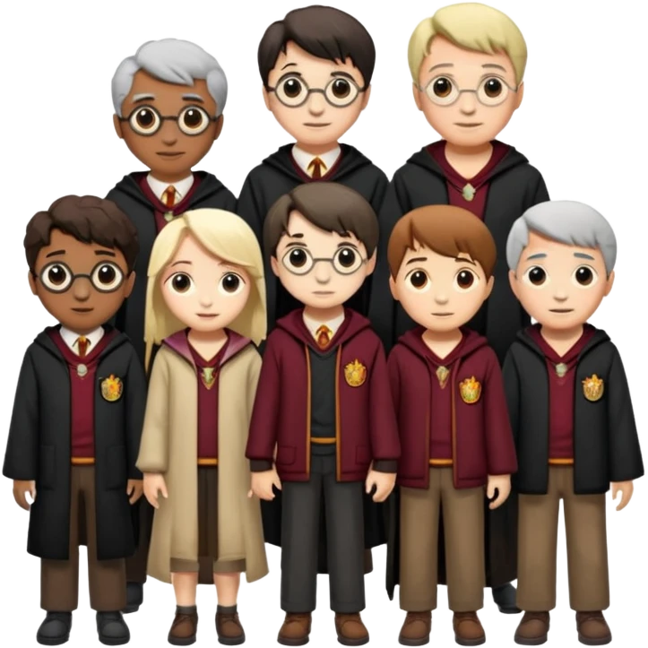 make bitlife kind of bitmojies of the harry potter universe. Make different kind of wizards and witches with different ages. make the clothes look like the one from hp emoji