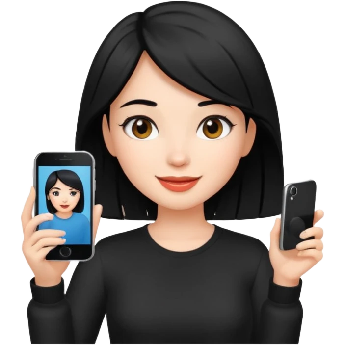 influencer girl black haired, phone in hand, recording herself, confident, trendy, emoji