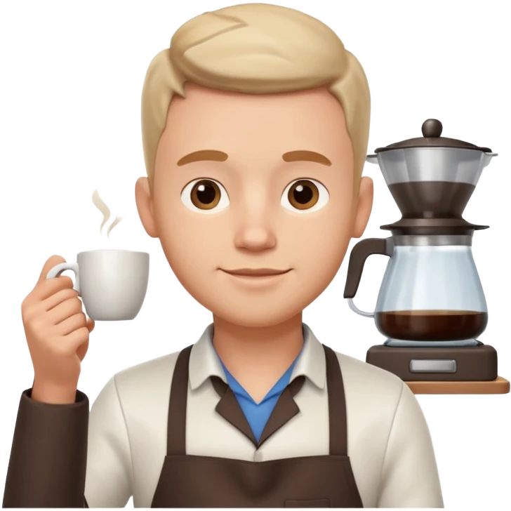 male barista portrait, head and shoulders only, wearing apron collar, holding a coffee cup, confident friendly expression, cafe worker vibe, 3D cartoon, mobile game icon style, clean background, no text, no watermark
 emoji