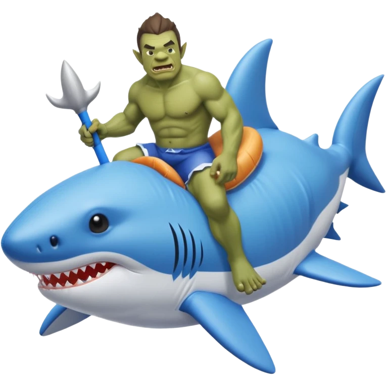An orc man on an inflatable circle in the form of a shark emoji