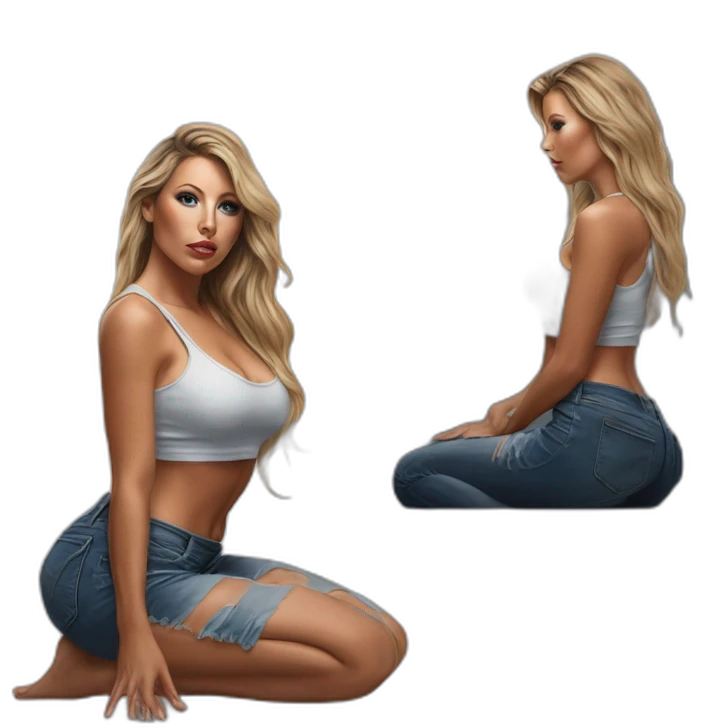 Hyper-realistic painting samantha saint kneeling pose behind view emoji