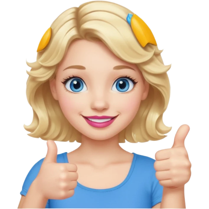 Girl Blonde short wavy hair,  blue eyes, cute blue top, long lashes, pink lips, smiling, 👍🏻 emoji