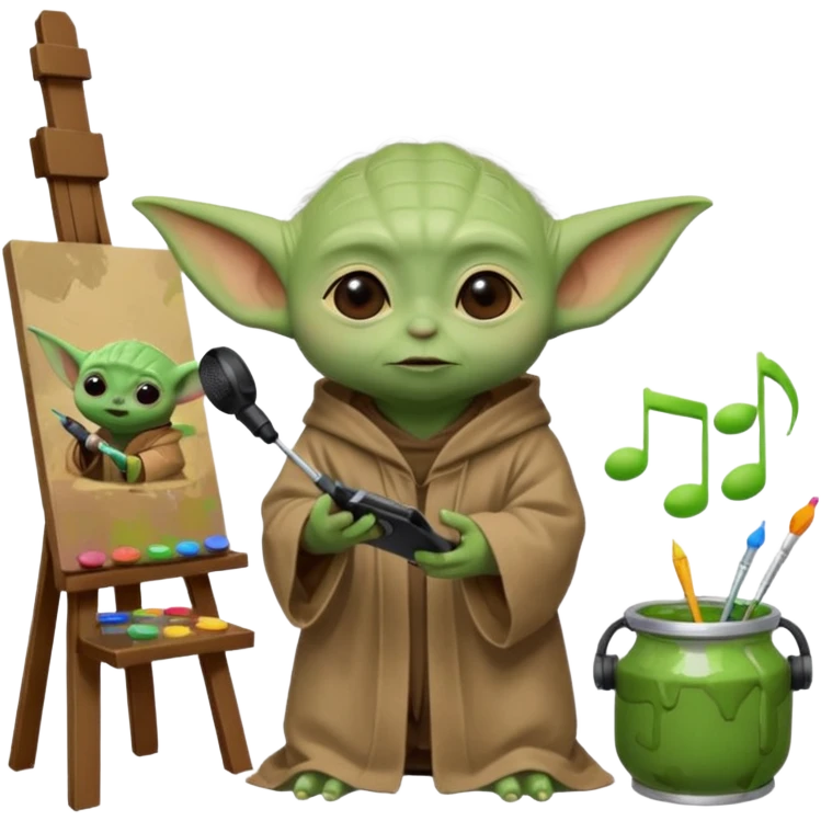 Baby Yoda in his brown robe listening music on his headphones, painting a picture on an easel and surrounded by paint pots. emoji
