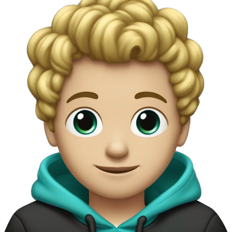 Garçon aux cheveux bouclés brun mèche de cheveux blanche à gauche yeux turquoises porte un sweat-shirt noir et trois piercings noir à l'oreille droite  emoji