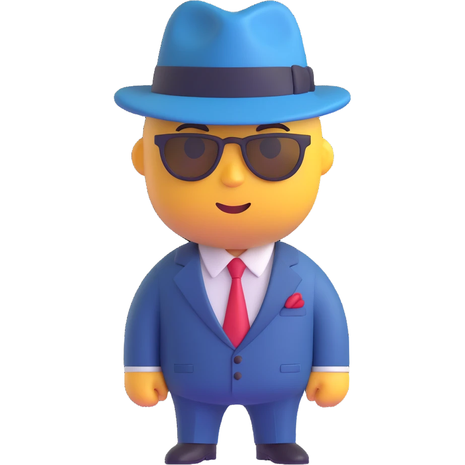 gangster character, 3D emoji style, sharp suit, fedora, confident stance emoji