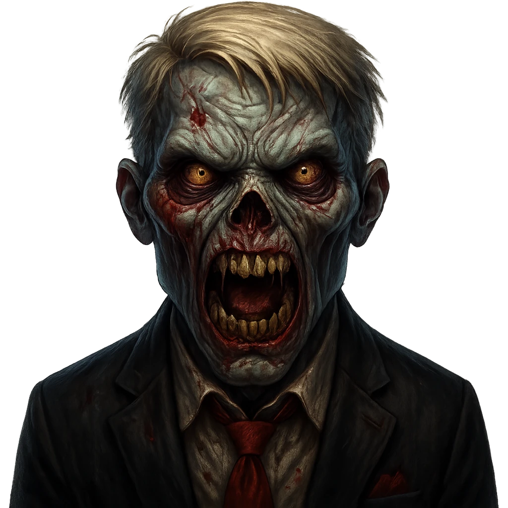 Make the zombie's face scarier while keeping the suit. Remove the background. The style should resemble a scary zombie character with detailed facial features and a frightening expression. emoji