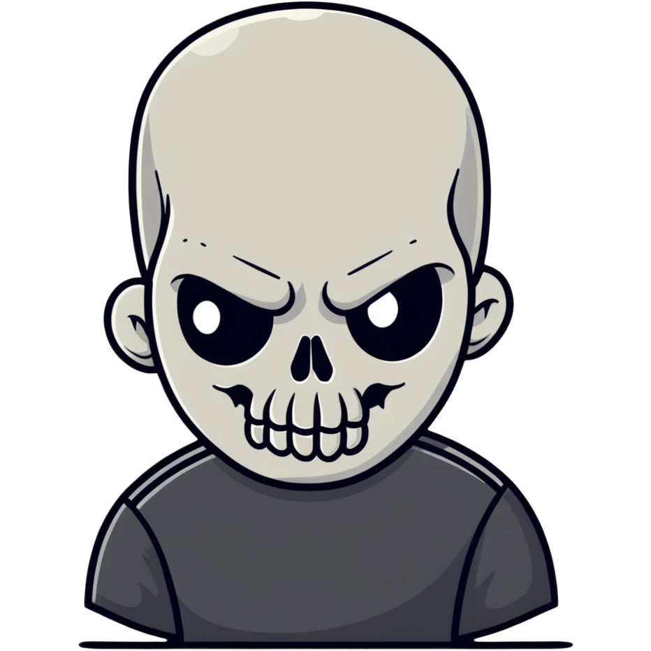man with oval-shaped flat-top head wearing a black shirt with a gray skull on the front emoji