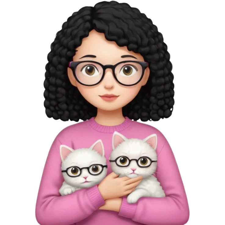 a girl with a black perm hair, wearing a pink sweater and glasses, holding a cute white cat, only upper body emoji