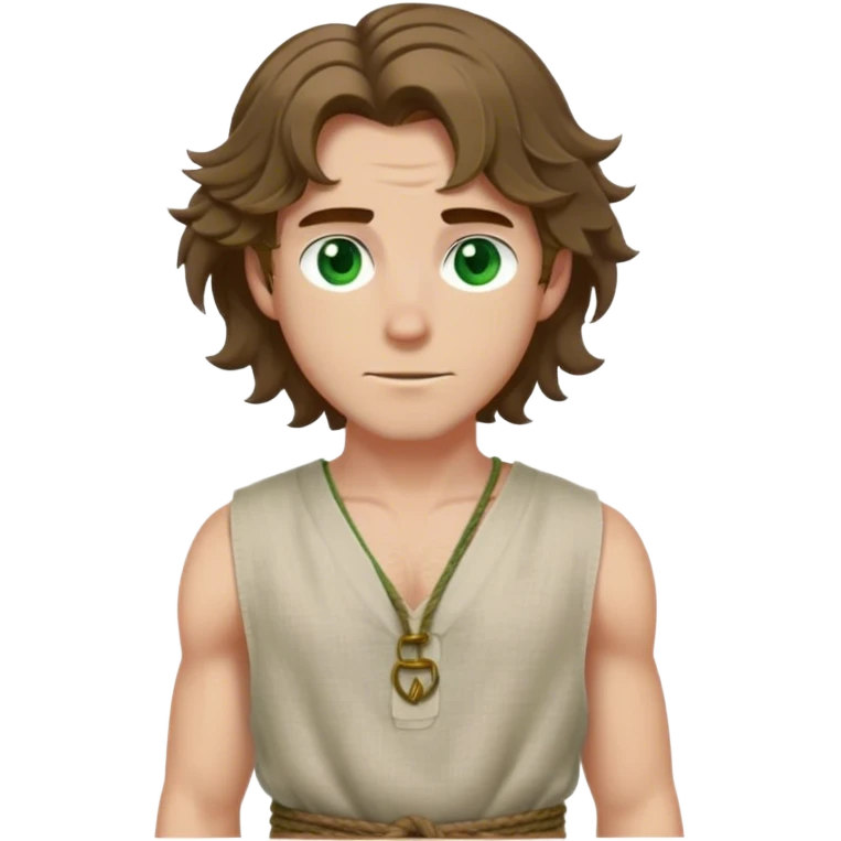medieval summer outfit worn by a DnD themed fantasy male character. thin sleeveless linen tunic with a deep V-neck and a loosely tied rope belt. clothes only above the waist. The clothes full waist. The character's haven't arms. character is white-skinned, brown hair, green eyes, shoulder-length wavy hair. emoji
