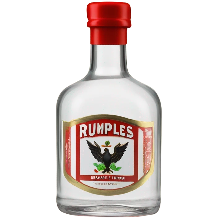 clear bottle of rumpleminze clear peppermint schnapps alcohol with a black label that has a red border and red font and the label also has a small gold eagle on the label that says “rumples” emoji