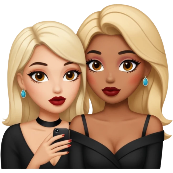Boujy baddie best friends gossiping, trendy heavy makeup emoji