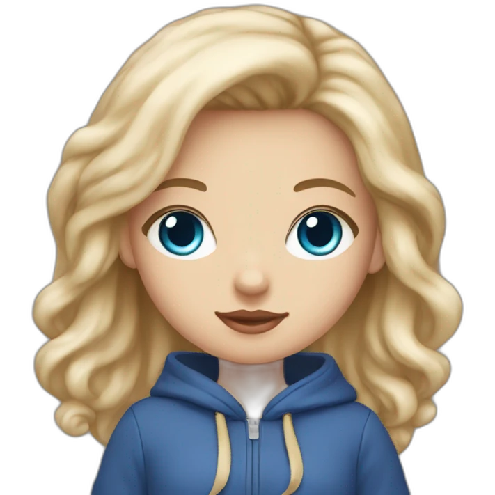 A girl have blue eyes and dark blonde hair and wearing a hello kitty hoodie emoji