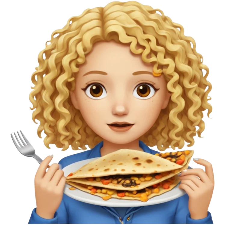 mujer con pelo rubio rizado comiendo quesadillas quemadas. emoji