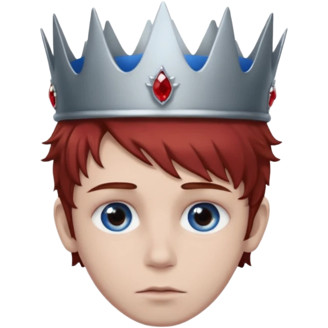 grey boy head with right eye blue and left eye red. he has messy brown hair and a silver crown with rubies on it emoji