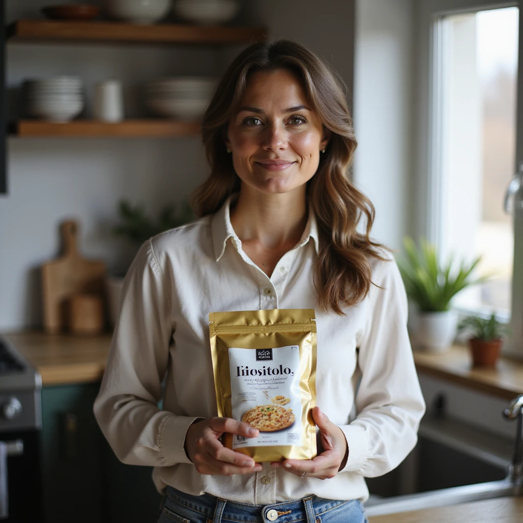 woman in kitchen holding a package with the word 'Inositolo' clearly visible, normal and serene appearance, bright environment, realistic photography, natural light emoji