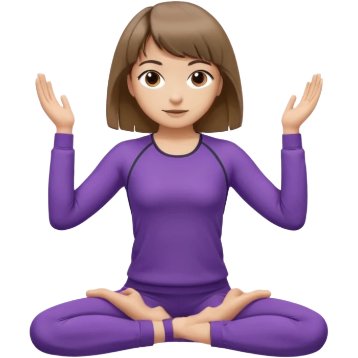 Девушка с короткими волосами до плеч русого цвета, посередине головы есть чёлка, с черными бровями, карие глаза, у неё фиолетовый спортивный костюм, она занимается йогой  emoji
