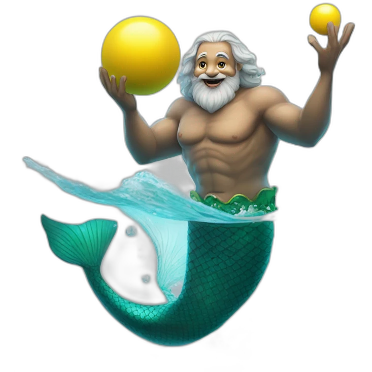 Underwater happy old and bold man mermaid swimming, holding a small yellow ball, winning enthousiasm emoji