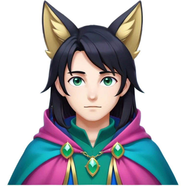 anime man with long-straight-dark-black hair, long black fox ears with pink Scapha, colorful-gradient-brown-turquoise eyes, gold earring, dark-blue-sweater, green cape, white pupils emoji