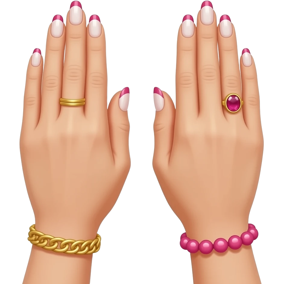 Two hands holding the position for dua in Islam, white elegant woman hands with acrylic nails and golden jewellry bracelet and a pink bracelet too and a ruby ring, showing the palms emoji