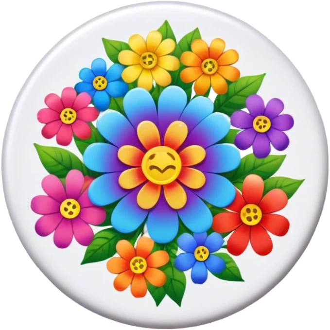 A round hippie colored button with rainbow colored flowers in the center emoji