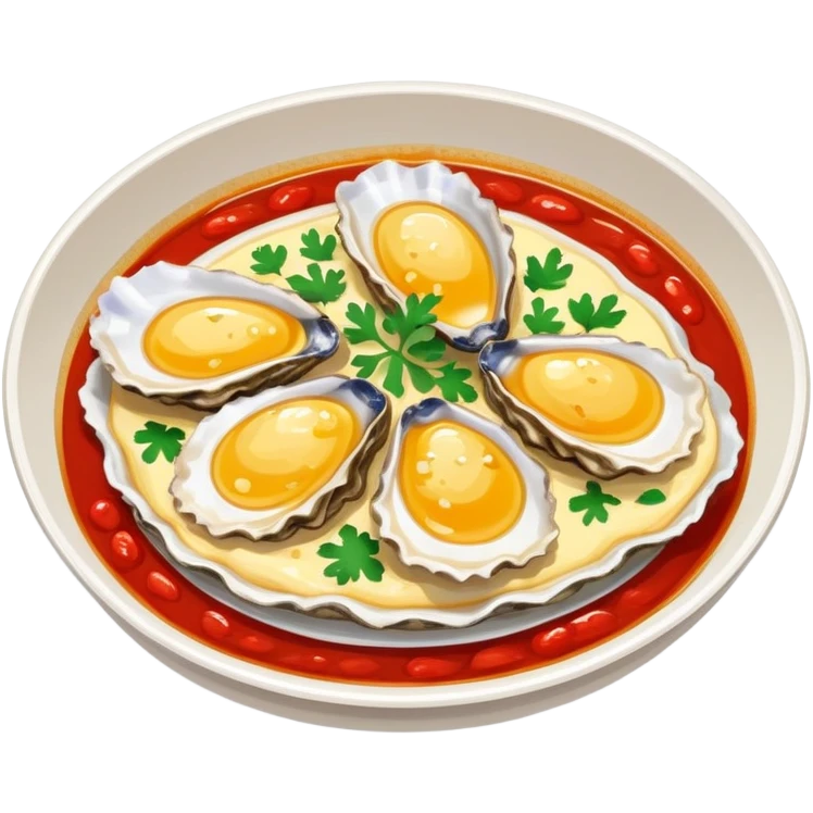 Fujian oyster omelette with red sauce, simplified emoji style with bold outlines and bright colors, cartoon style Xiamen street food emoji