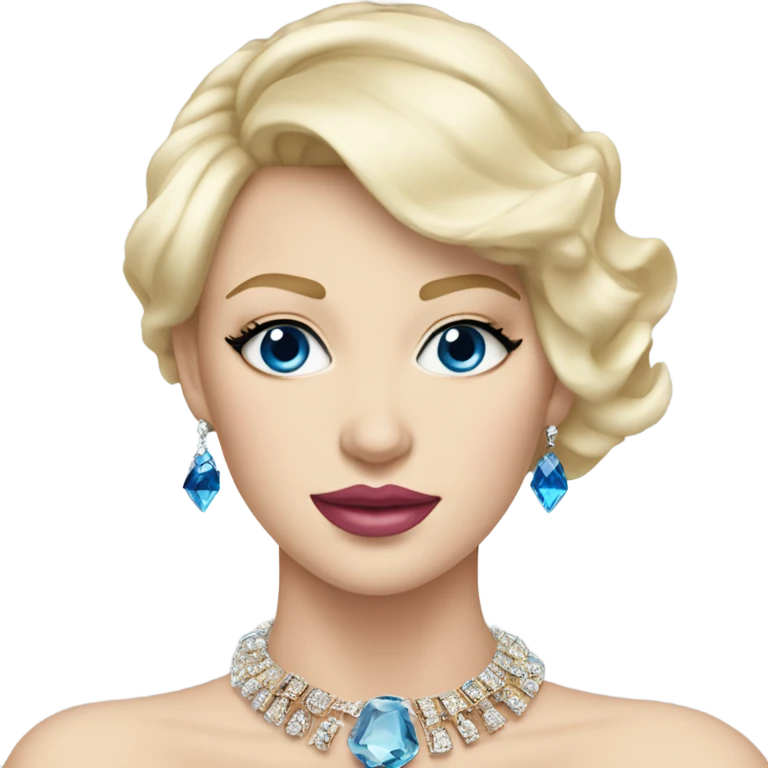 pink lips, white skin , straight blonde short haired woman with blue eyes wearing expensive jewelry emoji