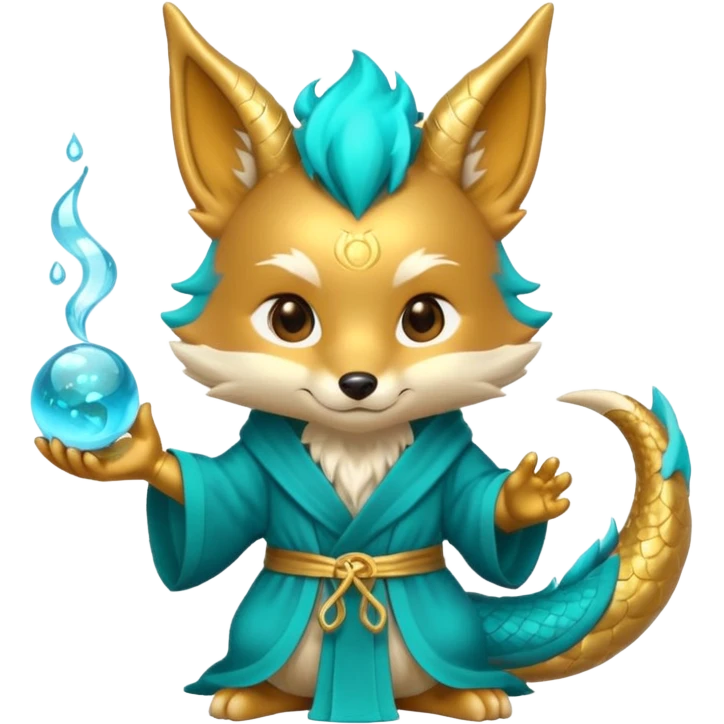 Chibi teal fox-dragon emoji with small antler horns, confident magical expression, gold mark on forehead, teal-gold robe, holding glowing blue water orbs, with dragon tail emoji