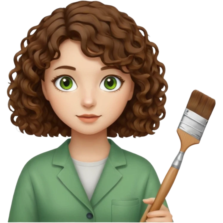 Девушка художник кудрявые коричневые волосы  стрижка каре Волосы средней длины зеленые глаза белая кожа emoji