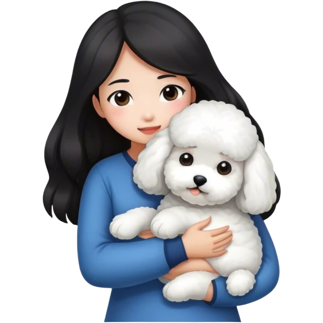  Asian girl with long dark hair hugging a white bichon emoji