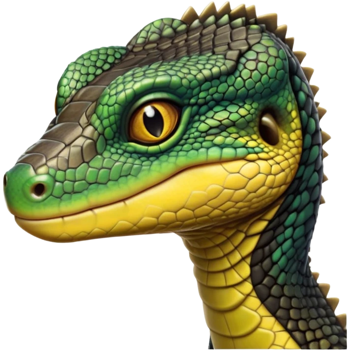 cinematic-realistic-cute-monitor-lizard-portrait-emoji,-head-tilted-playfully-and-inquisitively,-featuring-a-compact,-agile-body-with-finely-detailed,-glossy-scales-in-earthy-black and yellow-hues-and-a-distinct,-alert-face-with-bright,-curious-eyes, black , yellow spotted and green band  scales and a slender neck emoji