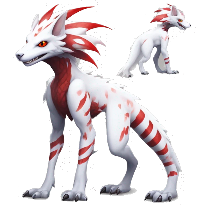 White edgy cute badass epic anthro modern albino sergal-vernid-Fakémon with red mane and red eyes with red edgy stripe patterns, full body emoji
