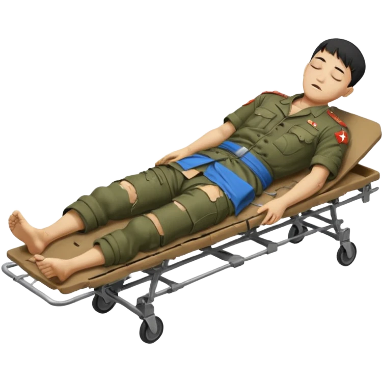 wounded man of oriental appearance, dressed in torn clothes, full length, with closed eyes, head lying on stretcher, in prone position, with injuries on black military stretcher, 1980 emoji