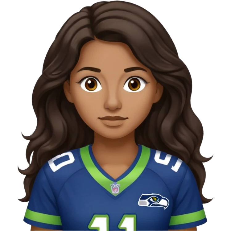 Long wavy Dark brown hair, brown eyes with small nose ring of seahawks fan women emoji