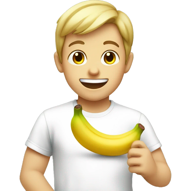 smiling boy in white shirt eating banana emoji