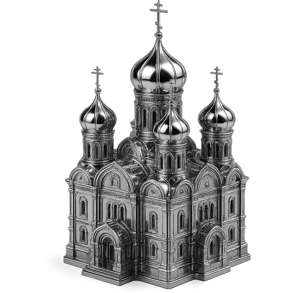 stylized chrome Orthodox cathedral with onion domes, intricate details, and a polished finish emoji