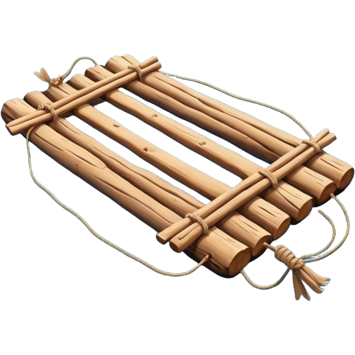 showing a simple wooden raft floating on calm blue water — made of several brown logs tied together with rope — gentle ripples around it — bright, cheerful lighting and soft shadows — minimalist, clean emoji design emoji