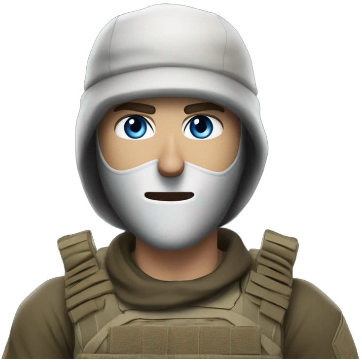 White male, call of duty black mask, camo tactical gear, tan combat boots, black beanie, blue eyes emoji