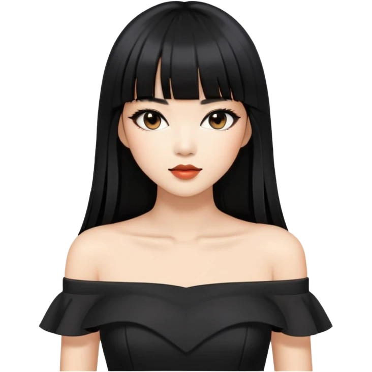 fashionable woman with Asian skin tone, long straight black hair with straight bangs, black off-shoulder outfit, and stylish makeup emoji