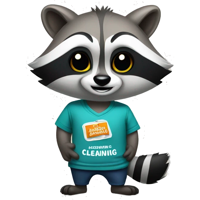 raccoon in a t-shirt with the inscription "cleaning" emoji
