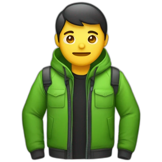 emoji seorang programmer, berkacamata, rambut hitam, kumis tipis, memakai jaket hijau, memakai ransel dan memegang laptop emoji