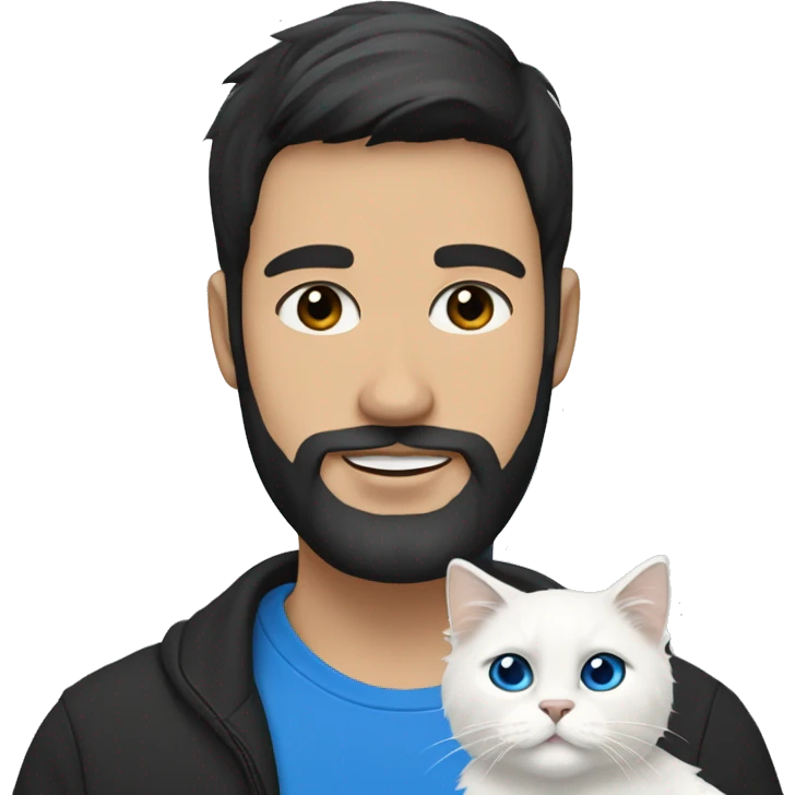 A guy with a black earing and black short hair and black beard and holding a all white Siberian cat with blue eyes  emoji