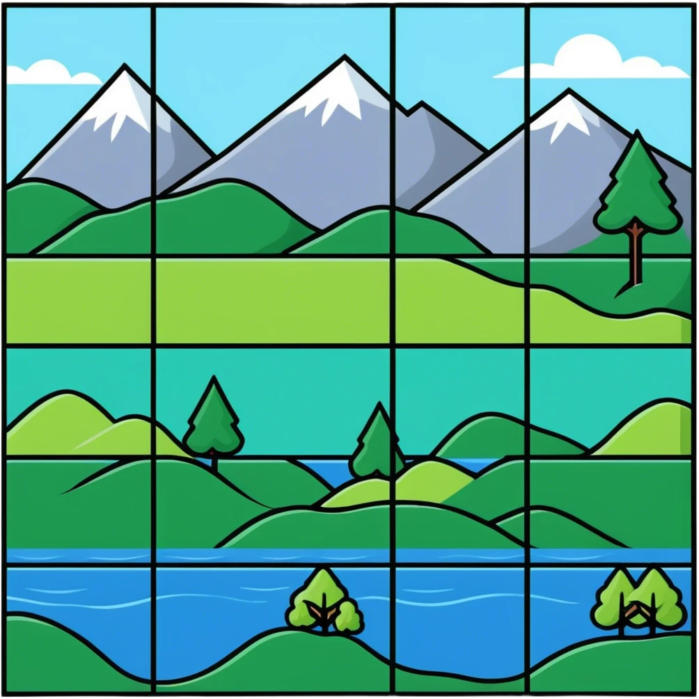 RPG terrain tileset with grass, water, forest, mountain emoji